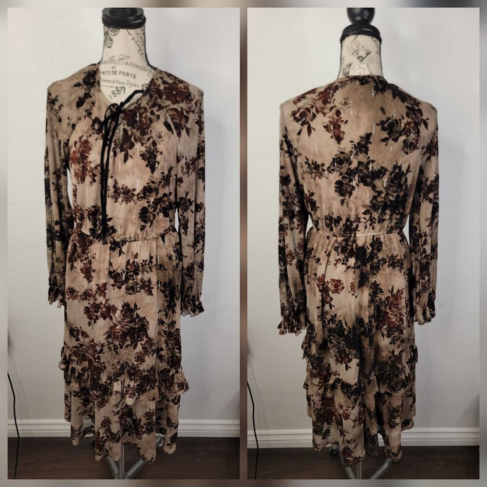 Ember Tiered Frill Dress Womens SZ M Brown Embellished Floral Whymsigoth